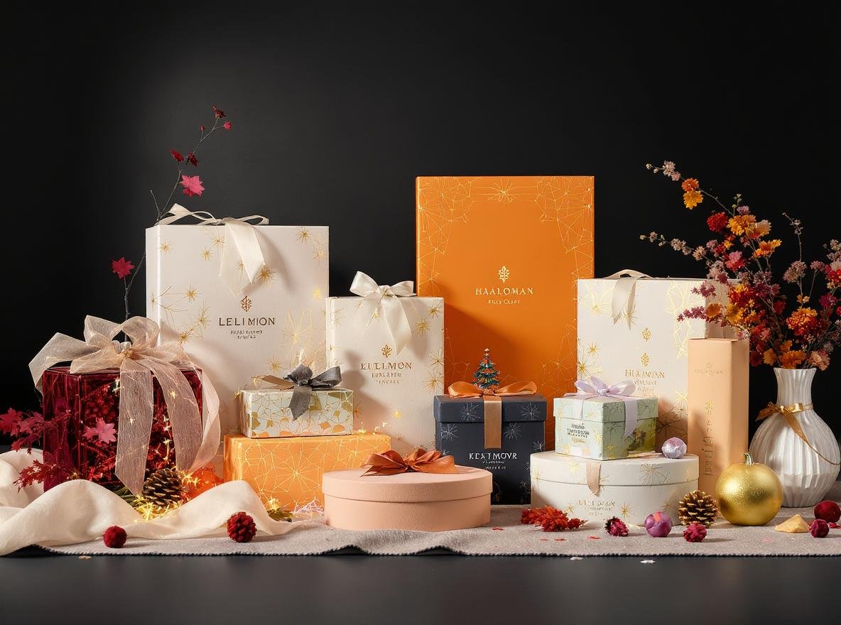 Seasonal custom packaging display showing Christmas, Halloween, spring and summer themed product boxes with premium materials and gold foil accents