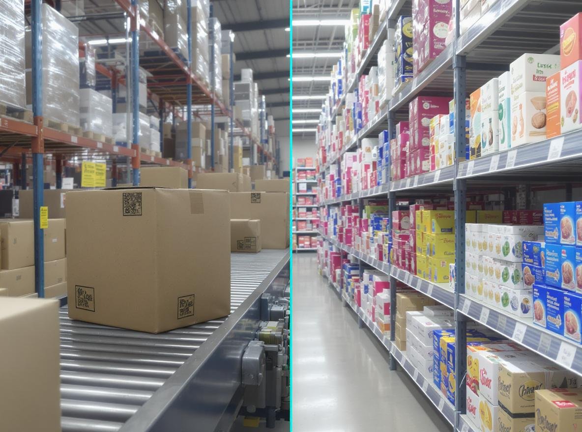E-commerce packaging boxes on conveyor belt compared to retail packaging on store shelves