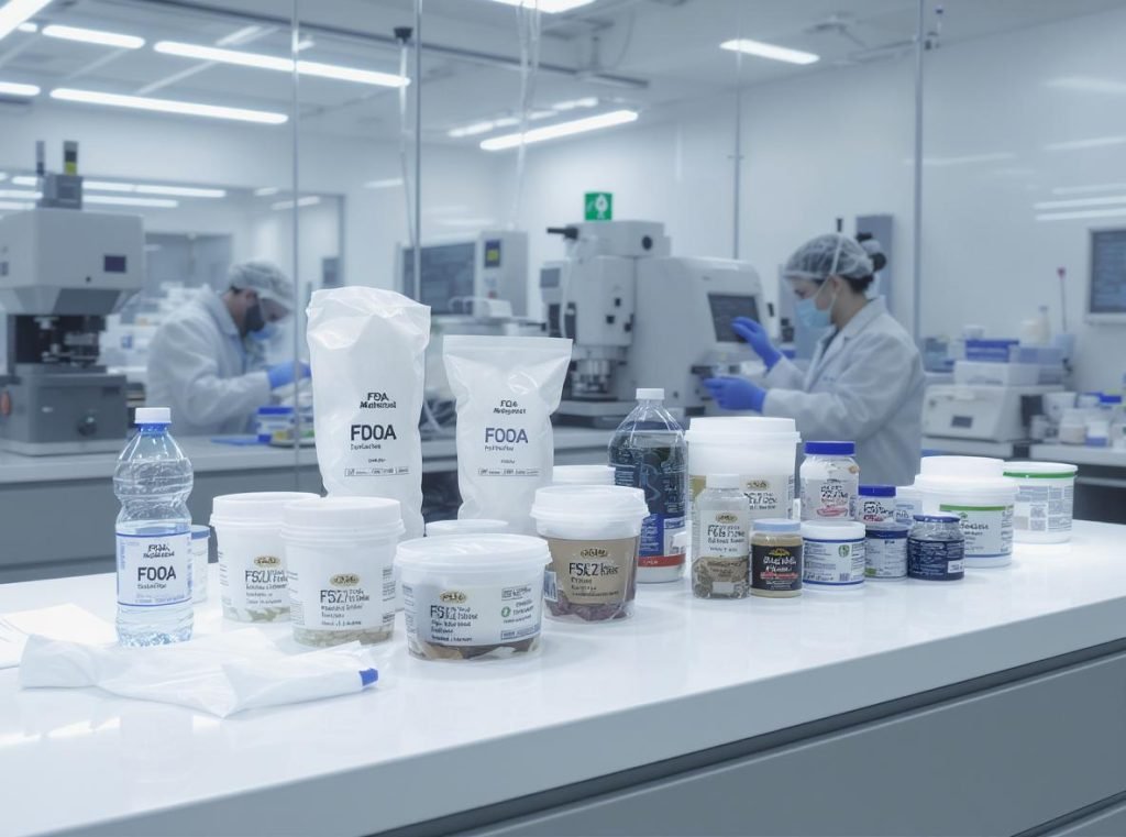 Food-safe packaging testing laboratory with FDA-approved materials and scientific equipment