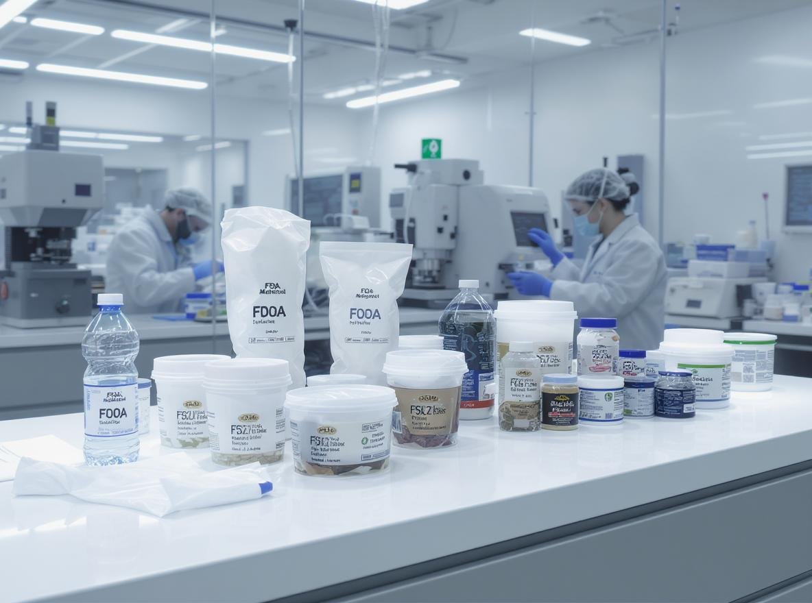 Food-safe packaging testing laboratory with FDA-approved materials and scientific equipment