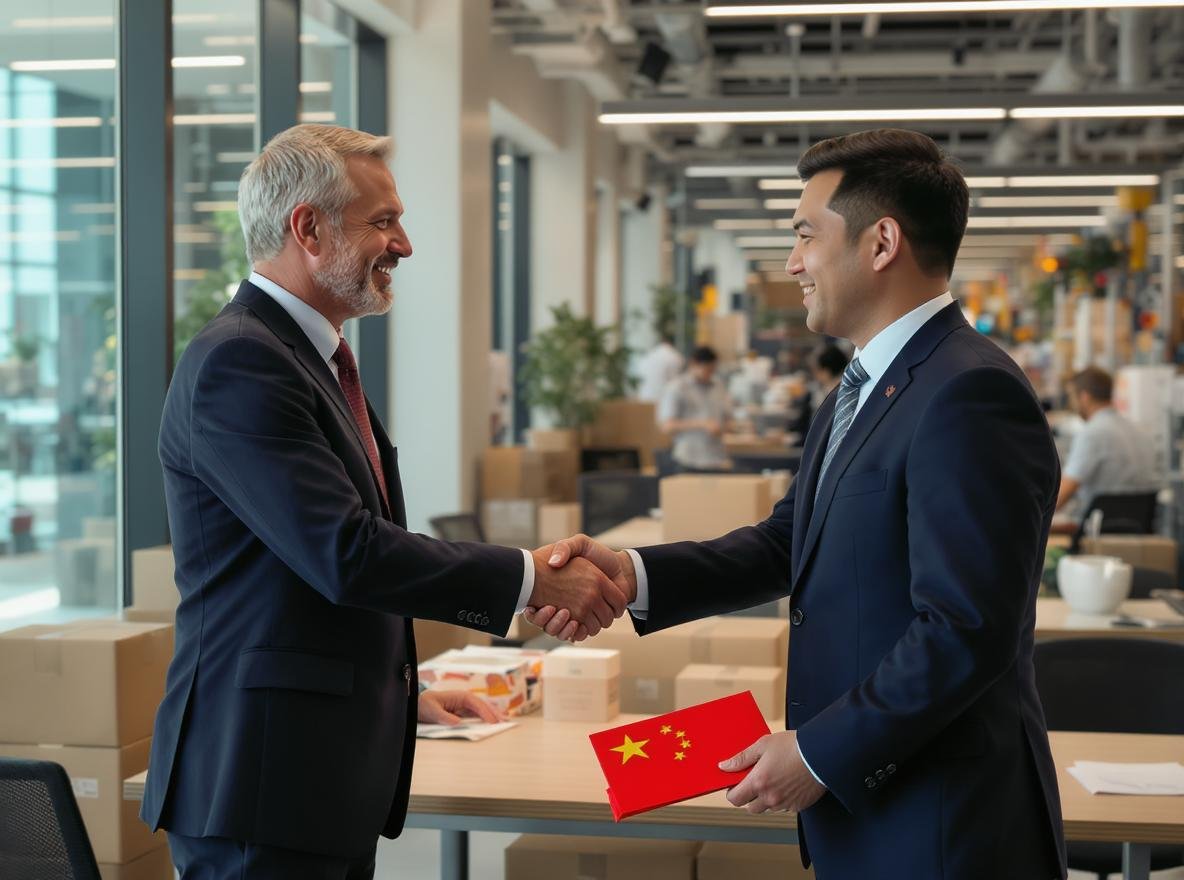 Western and Chinese business professionals shaking hands in packaging facility representing successful supplier partnership