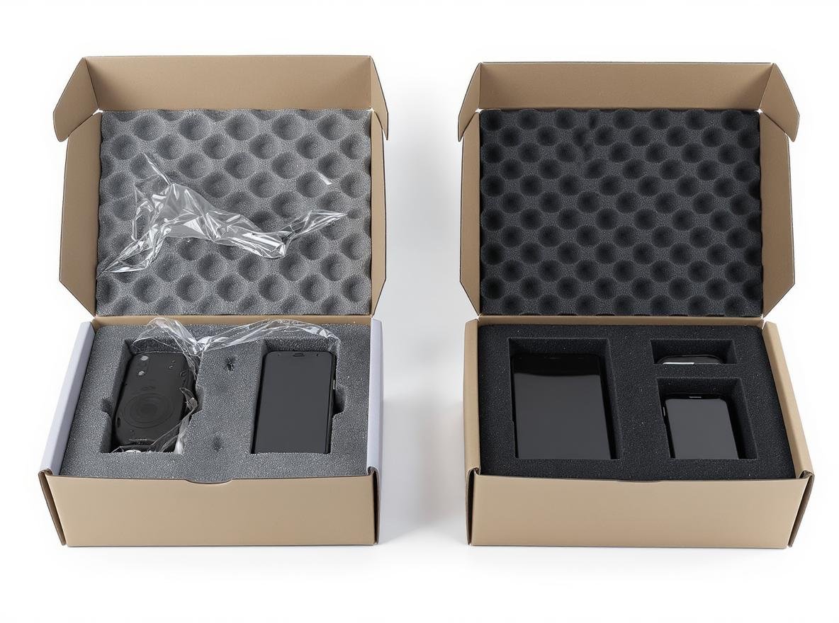 Custom foam inserts protecting electronics in shipping boxes with damage comparison