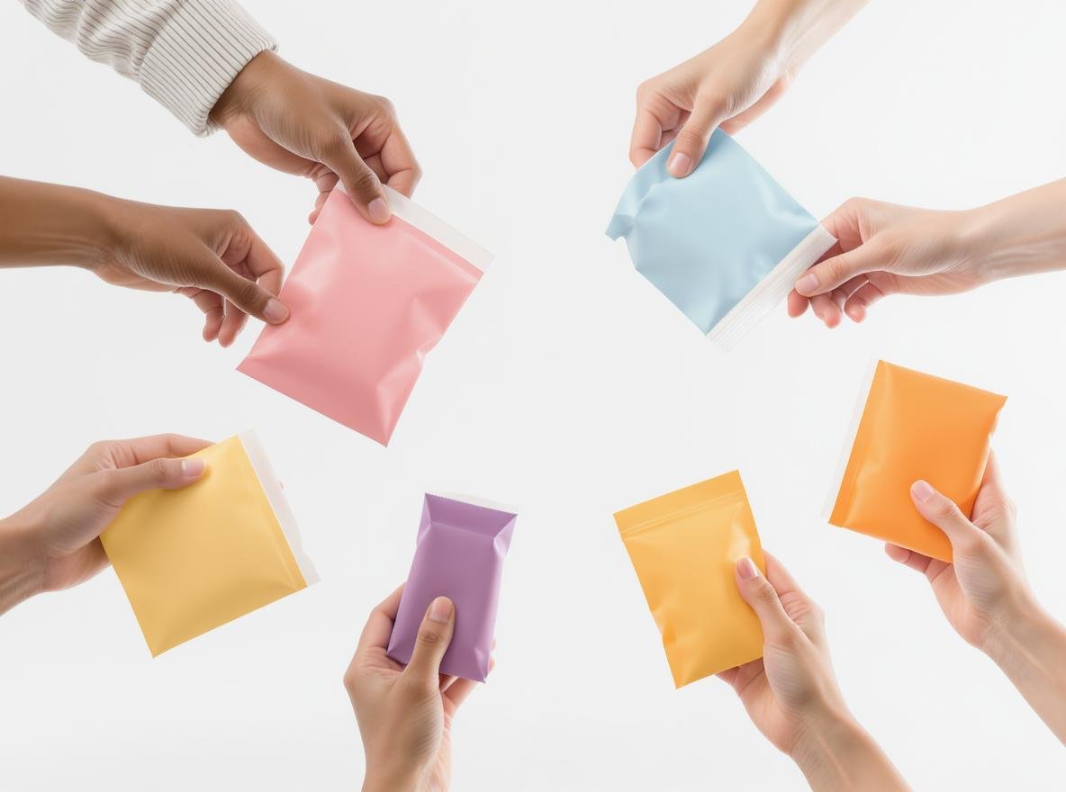 Diverse hands opening easy-open custom packaging with tear strips and pull tabs