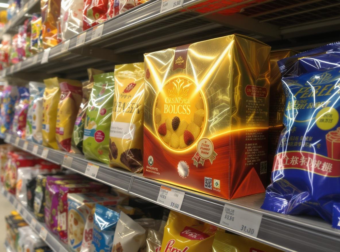 Custom packaging helping product stand out on crowded retail shelf with colorful competition