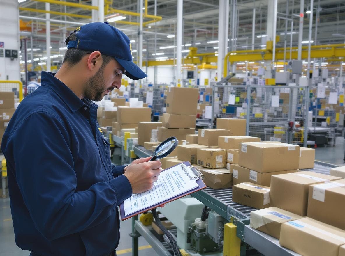 Quality control inspector examining packaging boxes in Chinese manufacturing facility