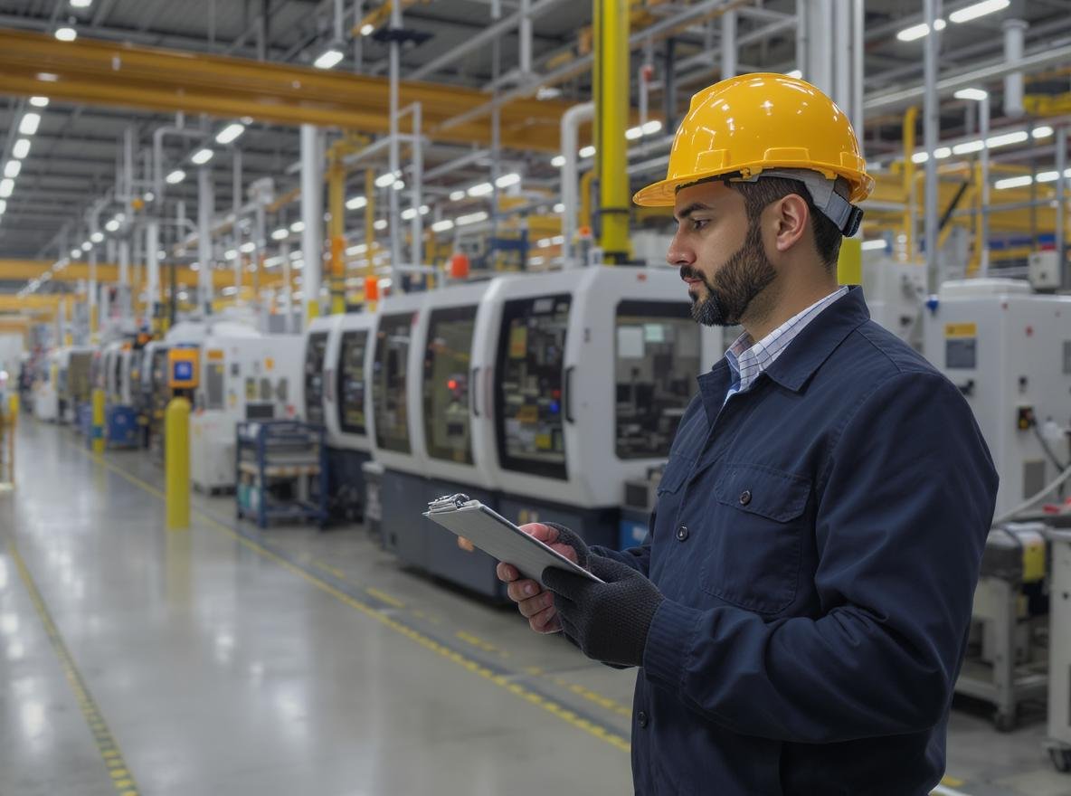 Professional factory manager assessing production capacity with clipboard examining manufacturing equipment and production lines