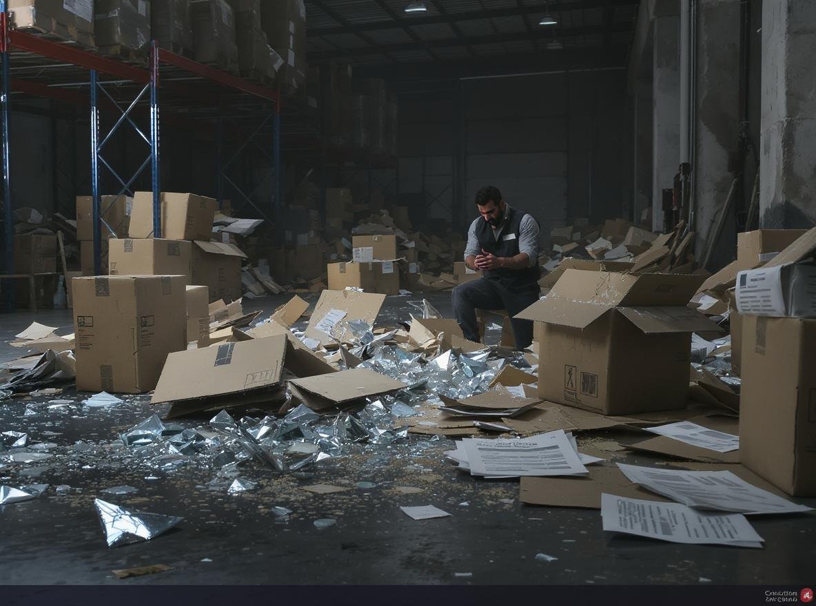 Broken glass and damaged packaging showing the consequences of poor fragile item protection