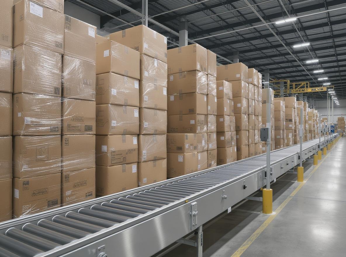 Corrugated boxes stacked in modern e-commerce warehouse for shipping operations