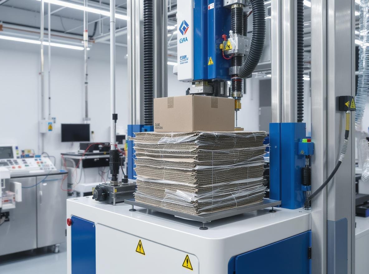 Corrugated box strength testing in professional laboratory with compression testing equipment