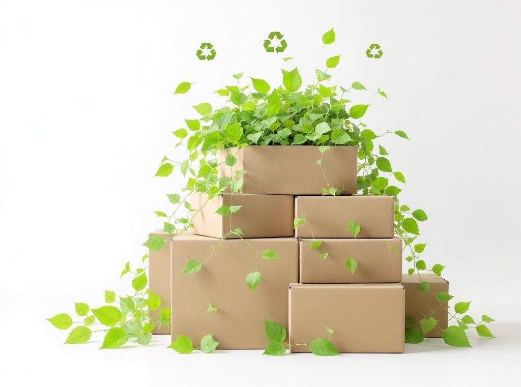 Sustainable corrugated boxes with recycling symbols and green leaves representing eco-friendly packaging