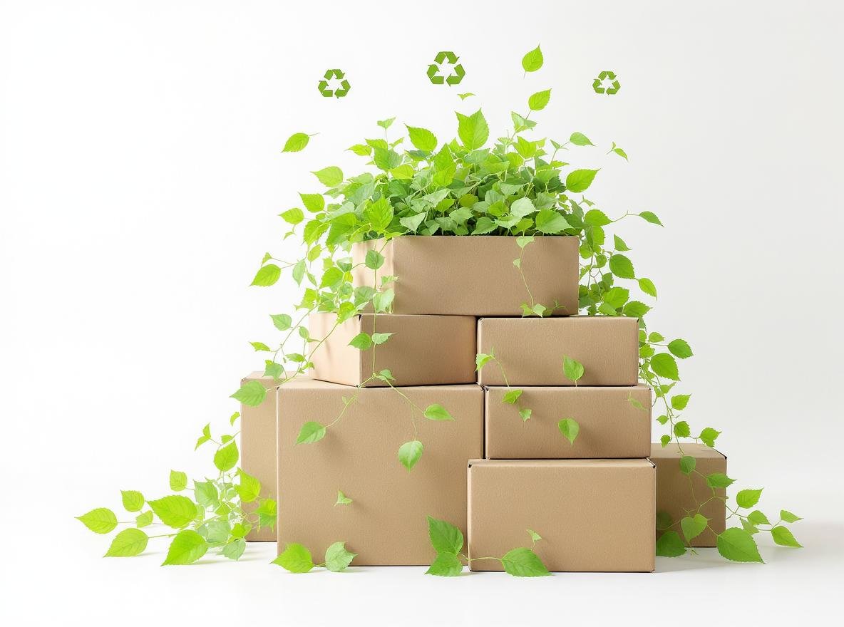 Sustainable corrugated boxes with recycling symbols and green leaves representing eco-friendly packaging