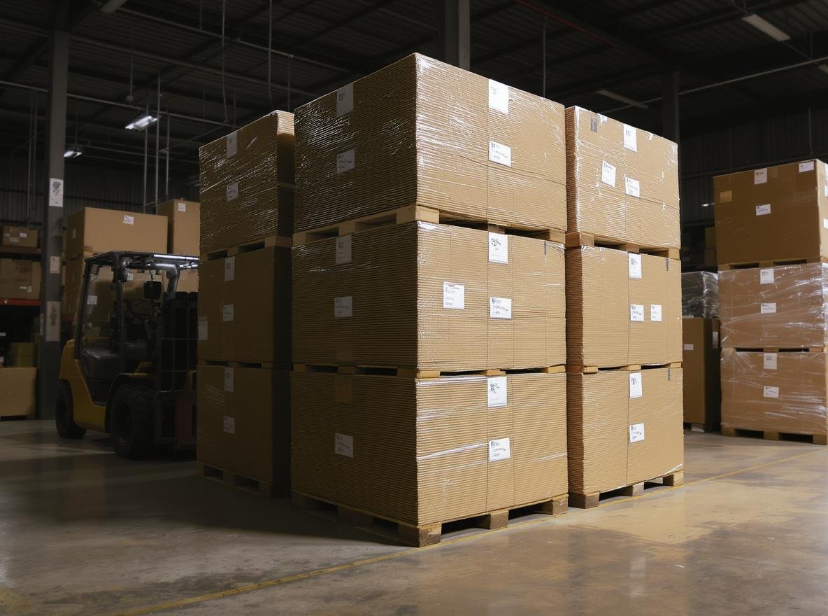Heavy-duty triple wall corrugated boxes stacked in industrial warehouse showing 7-layer construction