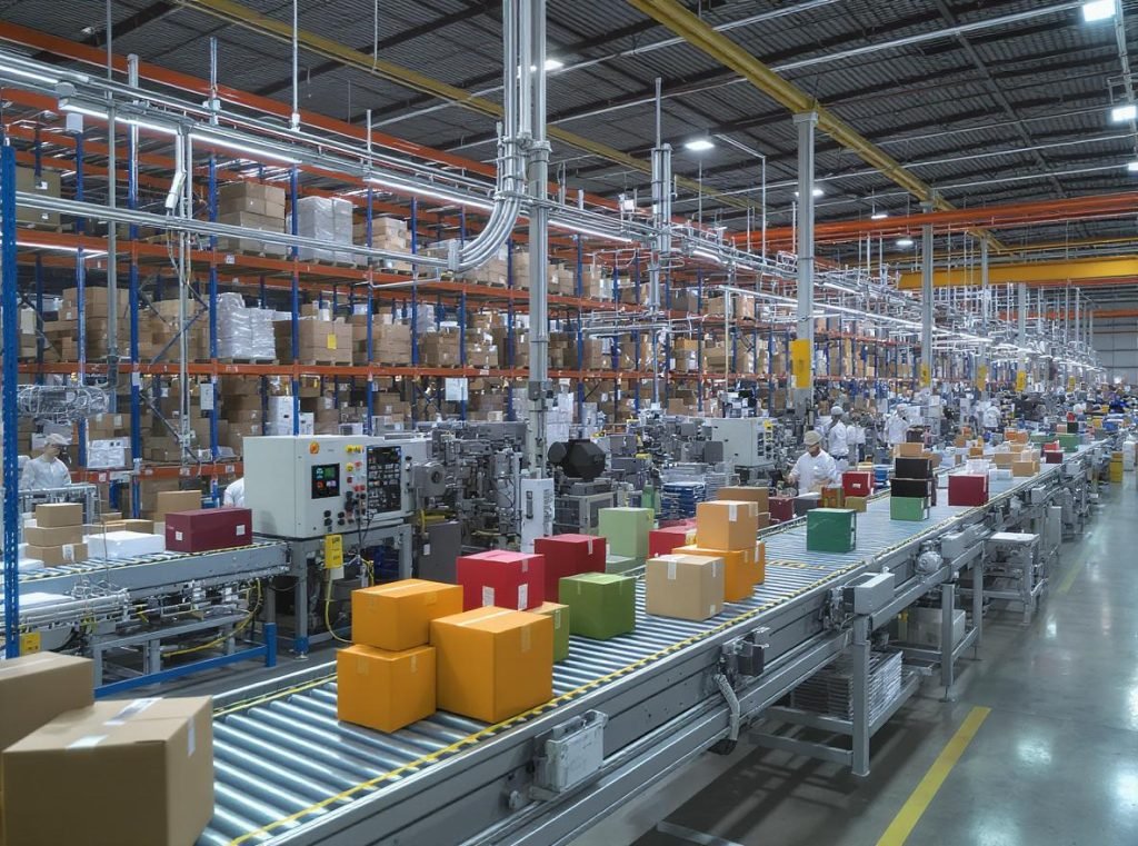 Modern Chinese packaging factory with automated production lines and colorful boxes