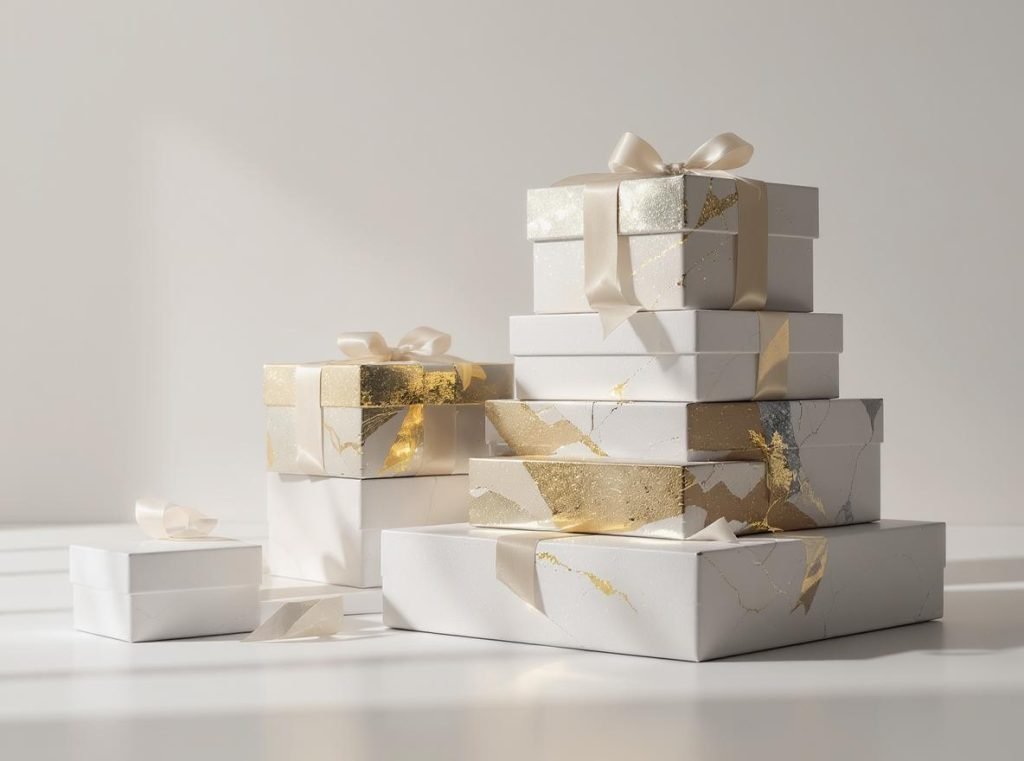 Premium custom packaging boxes with luxury materials and gold accents showing ROI investment potential