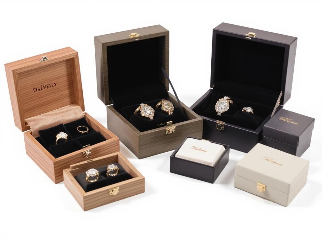 Custom jewelry boxes in various materials including wood, cardboard, and leather with velvet interiors