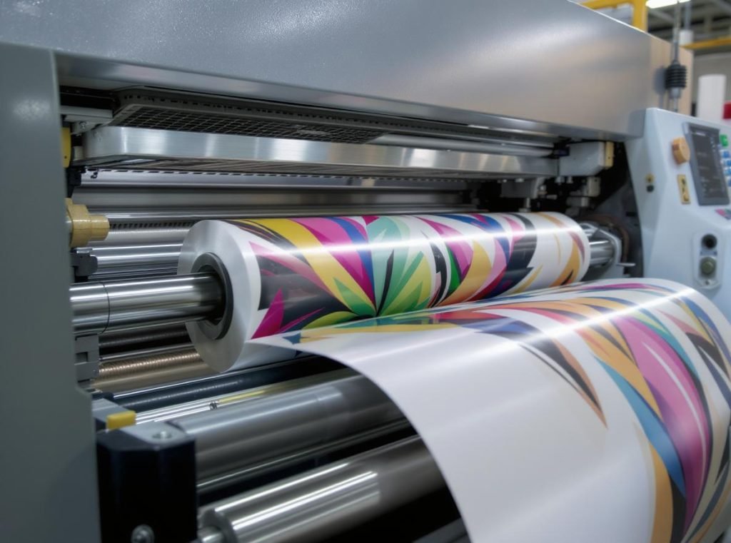 Litho-lamination process showing corrugated packaging with high-quality printed graphics on industrial printing press