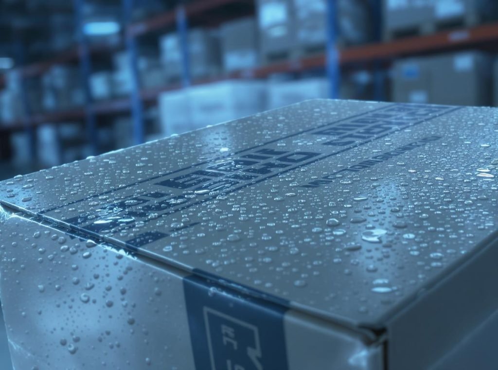 Water-resistant cardboard boxes with nano coating protection in warehouse setting