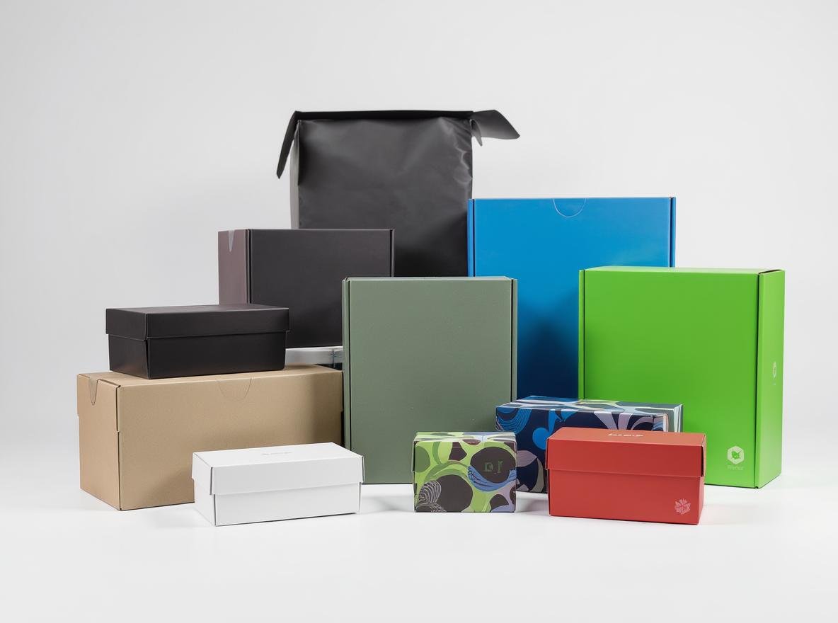 Custom colored corrugated boxes in various colors including white, black, red, blue, and green