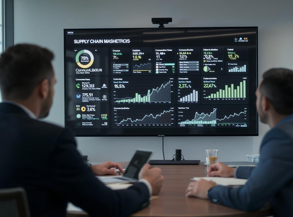 Business professionals reviewing supplier responsiveness metrics and partnership indicators in modern conference room