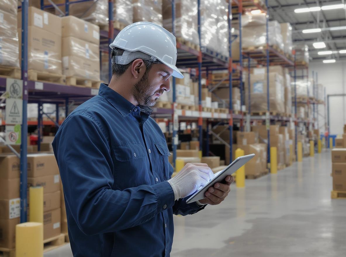 Pre-shipment inspection professional examining products in warehouse facility for quality control