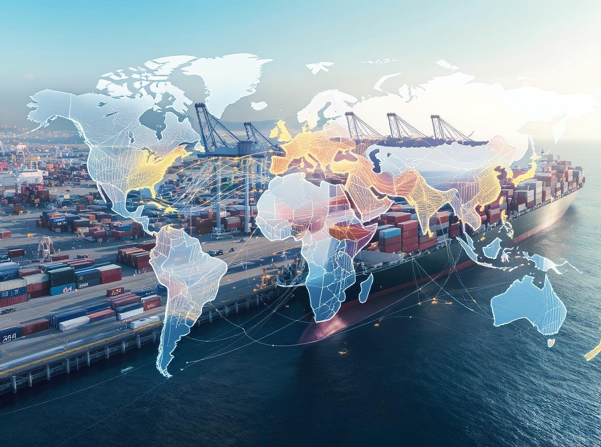 Global shipping containers and cargo ships at international port terminal with world trade routes