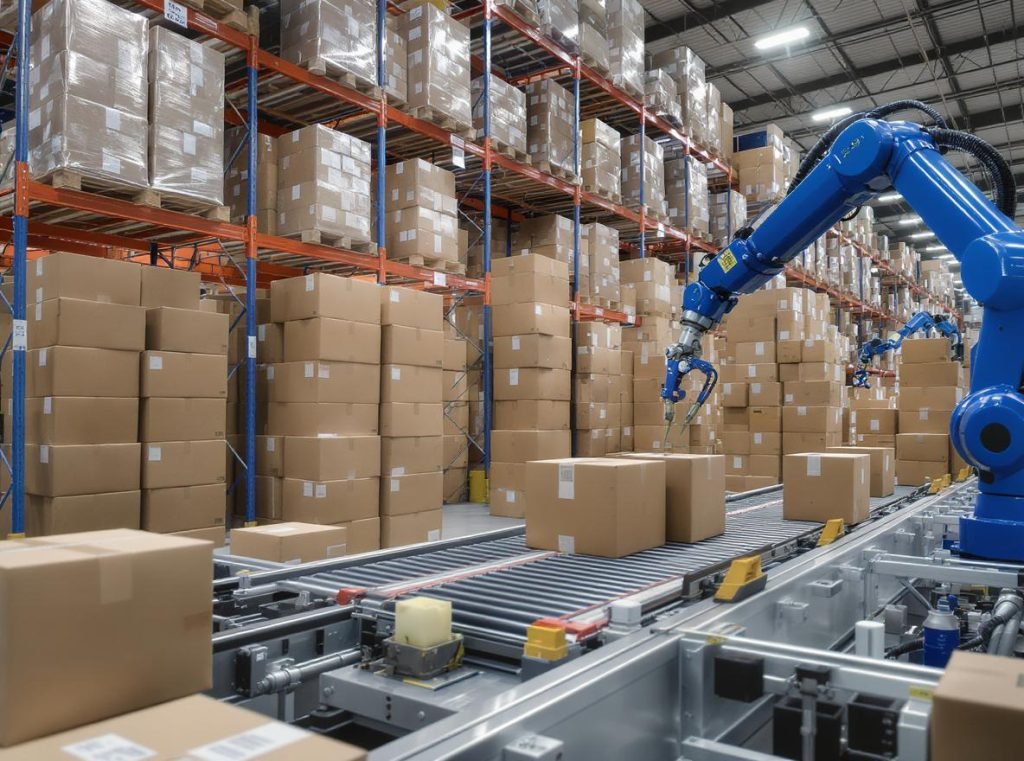 C-series boxes being assembled on automated conveyor system in modern warehouse