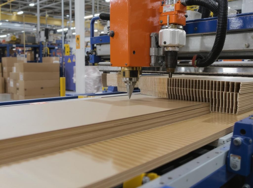 Professional demonstration of corrugated box score lines and cuts in manufacturing facility