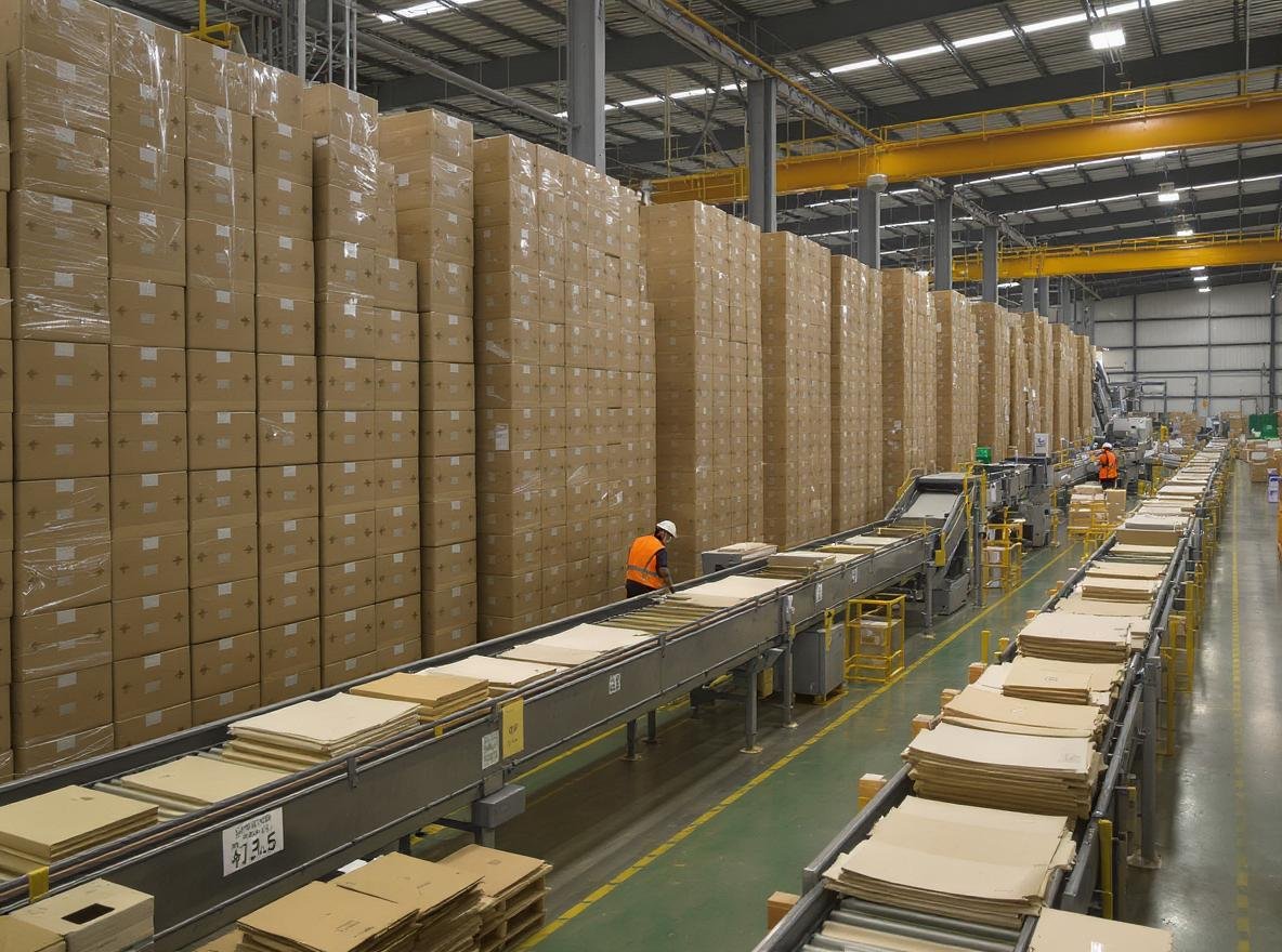 Industrial corrugated box recycling facility with automated sorting systems and stacked cardboard materials