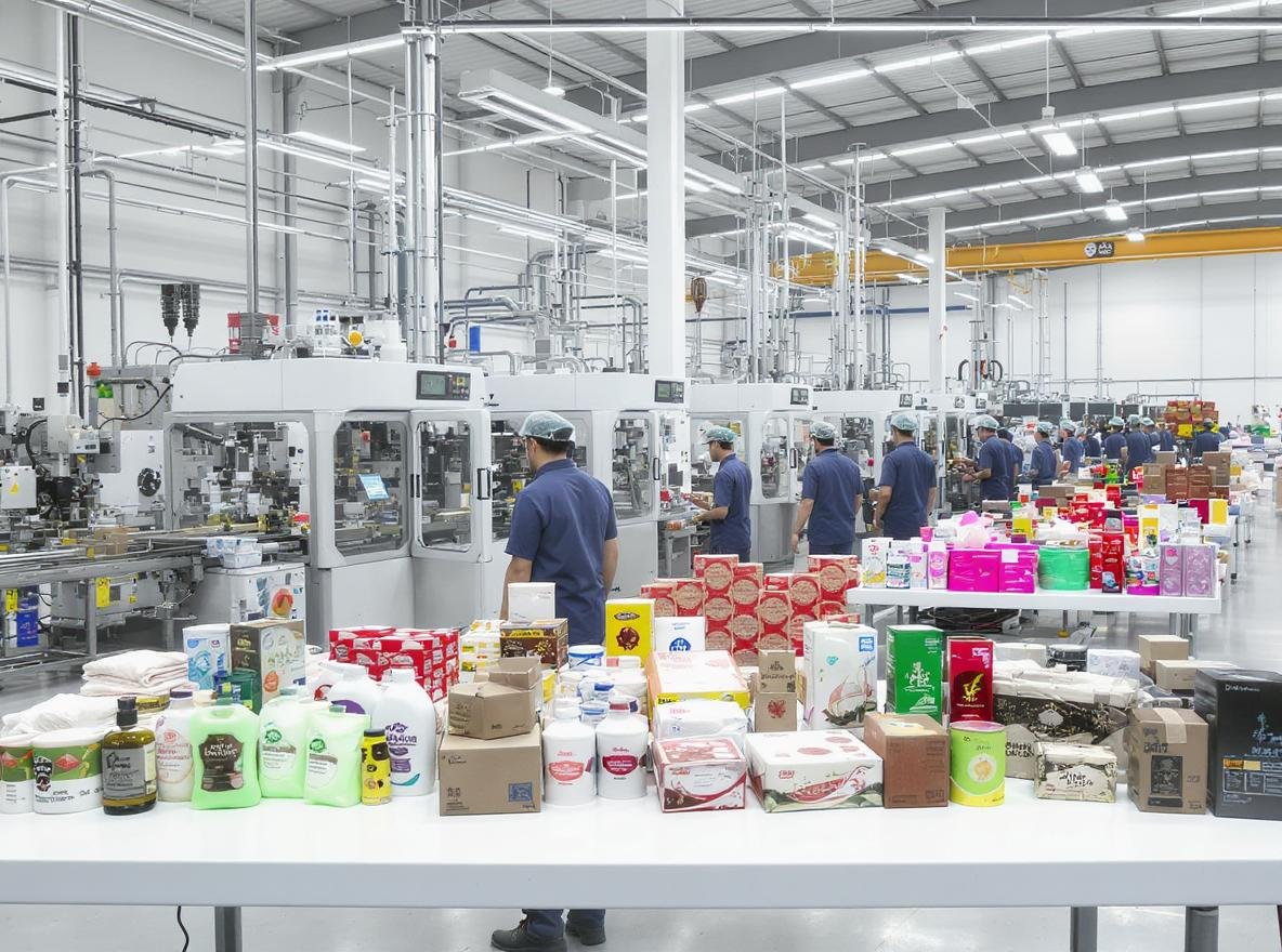 Modern Chinese packaging factory showing specialized machinery and diverse packaging samples for niche products