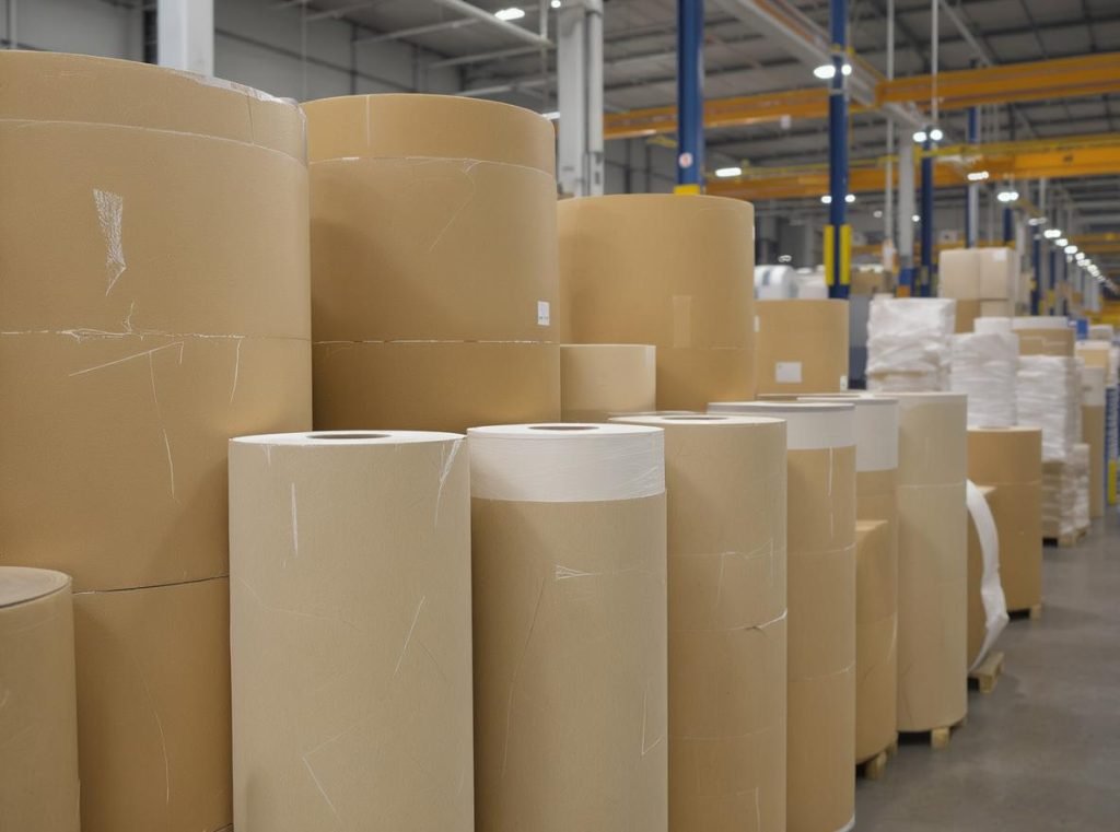 Kraft paper rolls in corrugated board manufacturing facility showing industrial packaging materials