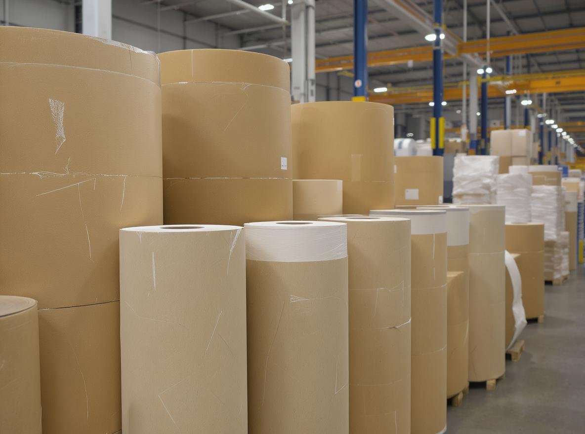 Kraft paper rolls in corrugated board manufacturing facility showing industrial packaging materials
