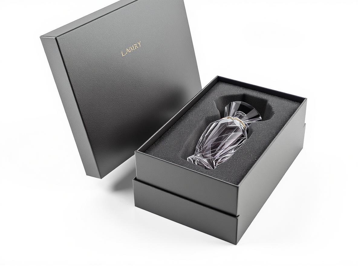 Rigid box with custom foam insert protecting fragile glass perfume bottle