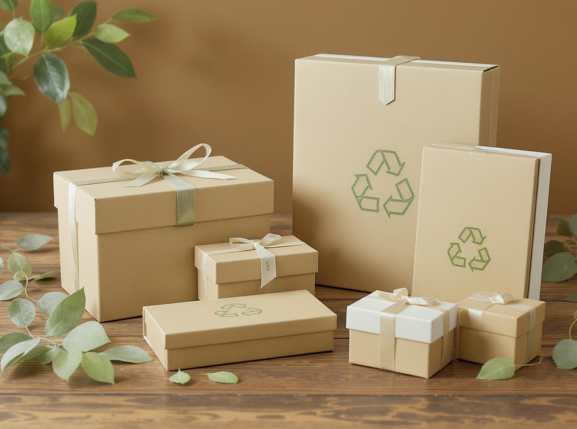 Eco-friendly rigid boxes made from sustainable materials including recycled kraft paperboard and bamboo fibers