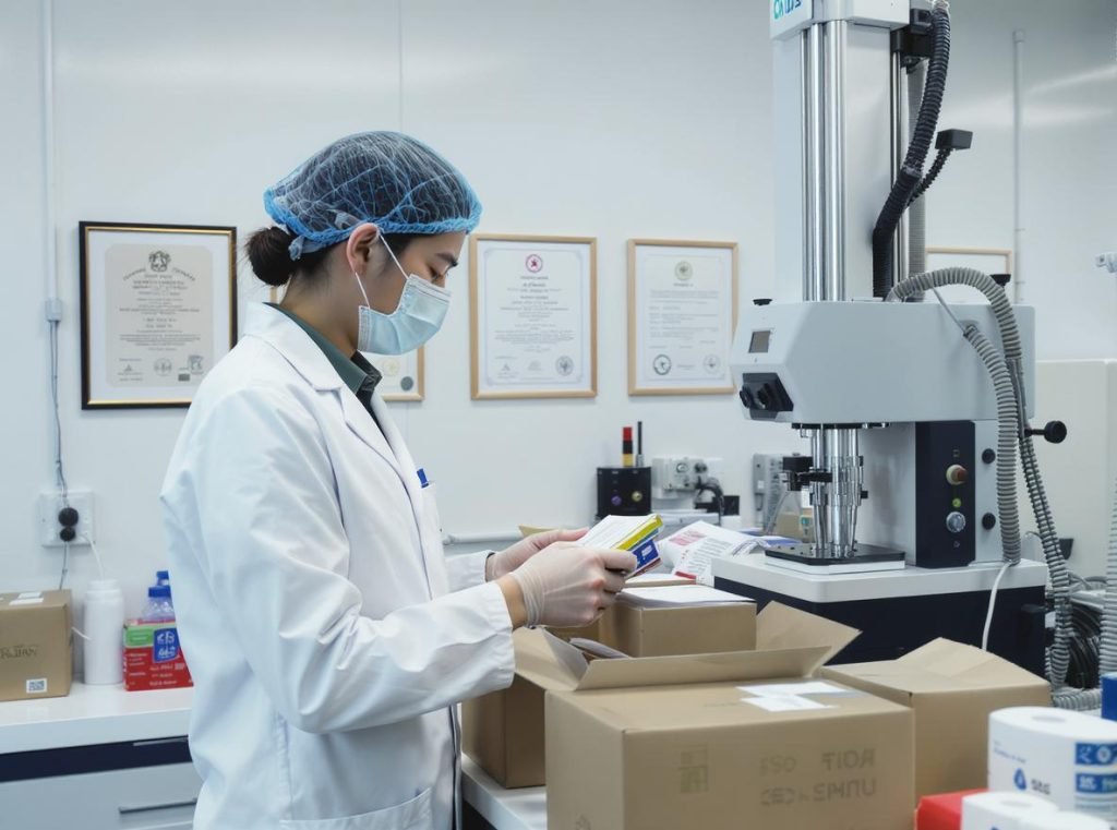 Quality control testing in Chinese packaging factory with ISO certifications