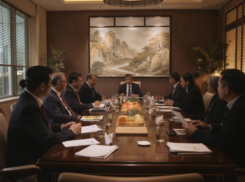 Chinese business meeting showing guanxi relationship building with packaging suppliers