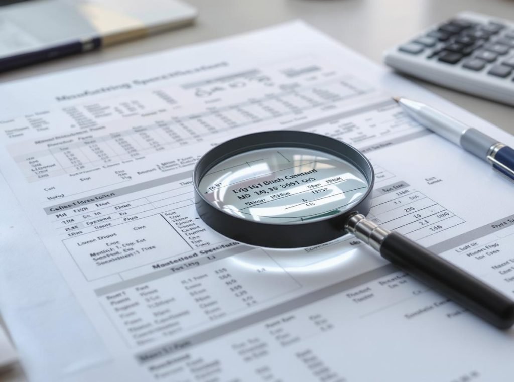 Detailed manufacturing specifications and purchase order elements on professional desk