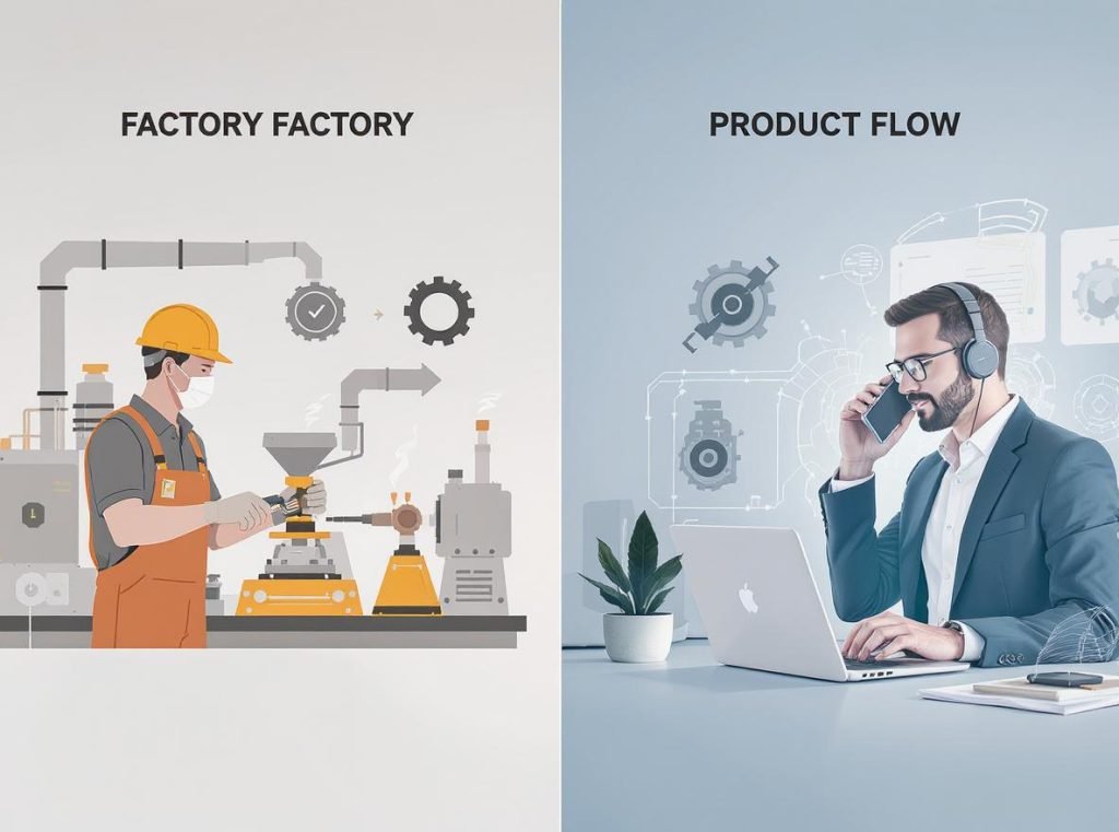 Factory worker vs trading company businessman showing business model differences