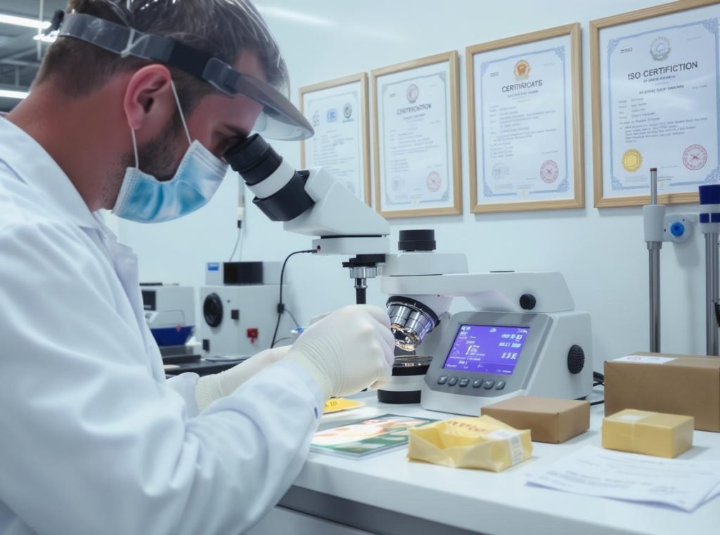 Quality control inspector examining packaging samples with ISO certifications in background