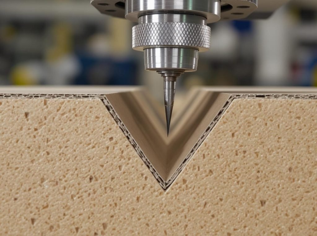V-groove cutting process showing rotary tool creating precise channels in cardboard for rigid box manufacturing