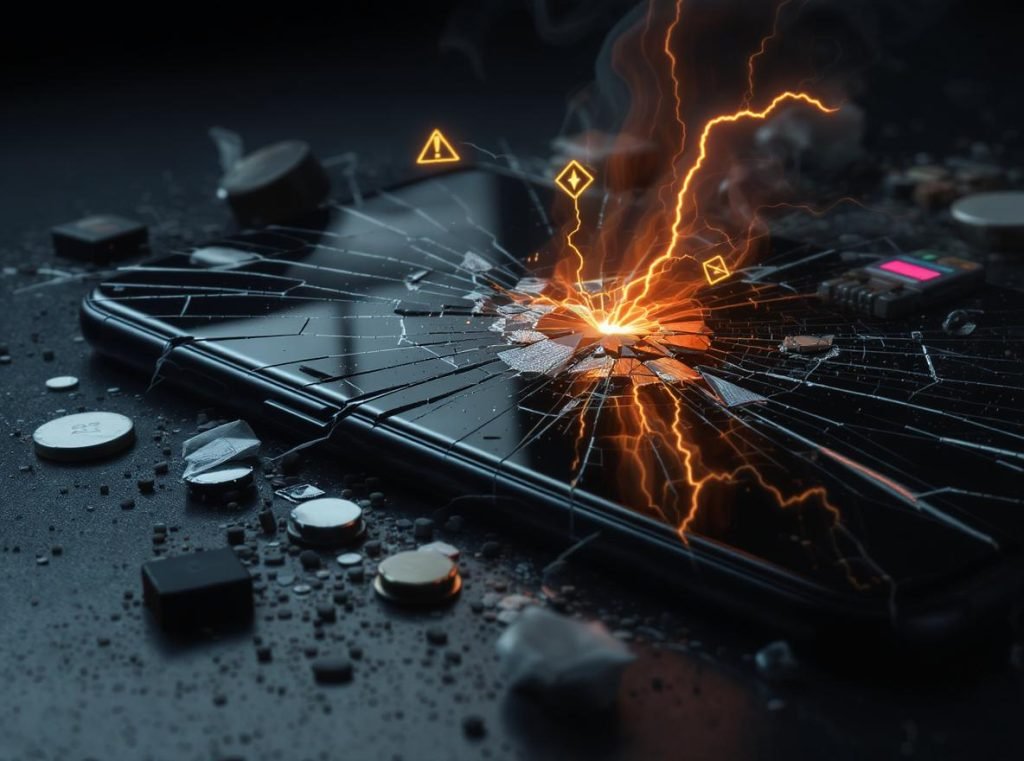 Electronics damage from improper packaging showing cracked screens and environmental threats