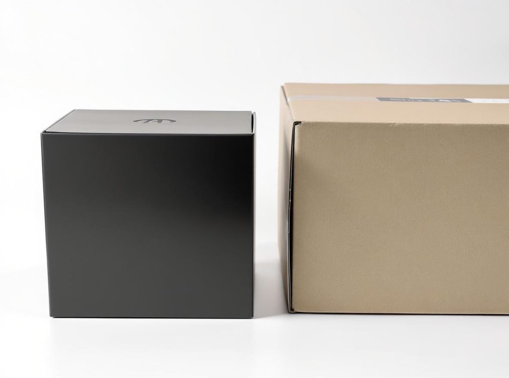 Rigid box vs standard packaging comparison showing material thickness differences