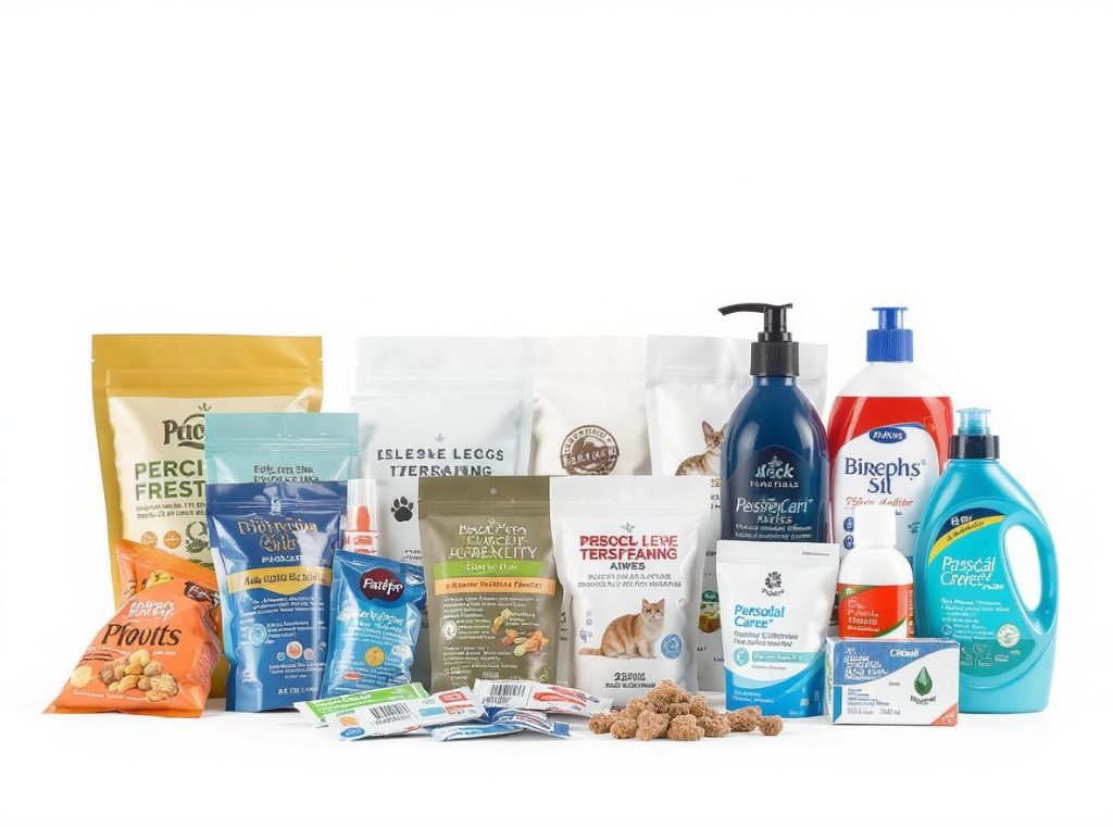 Various consumer products including food, pet treats, pharmaceuticals in flexible packaging formats