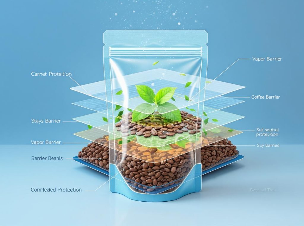 Cross-section view of multi-layer stand-up pouch showing barrier protection technology for food preservation