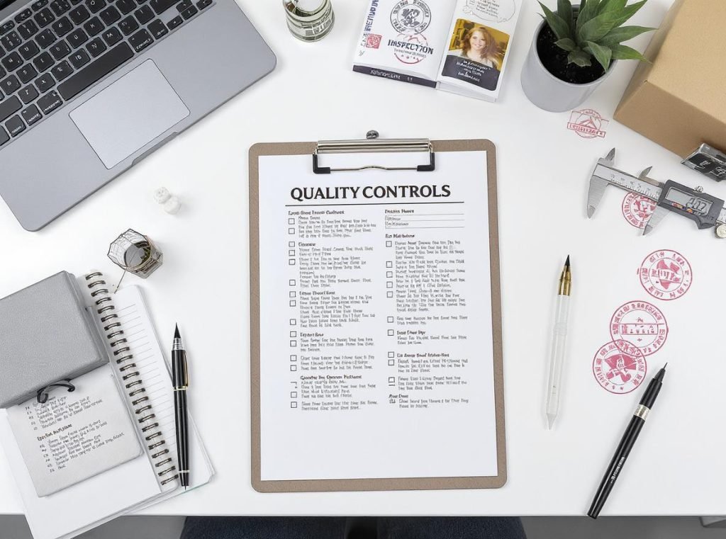 Quality control checklist with measuring tools and packaging samples