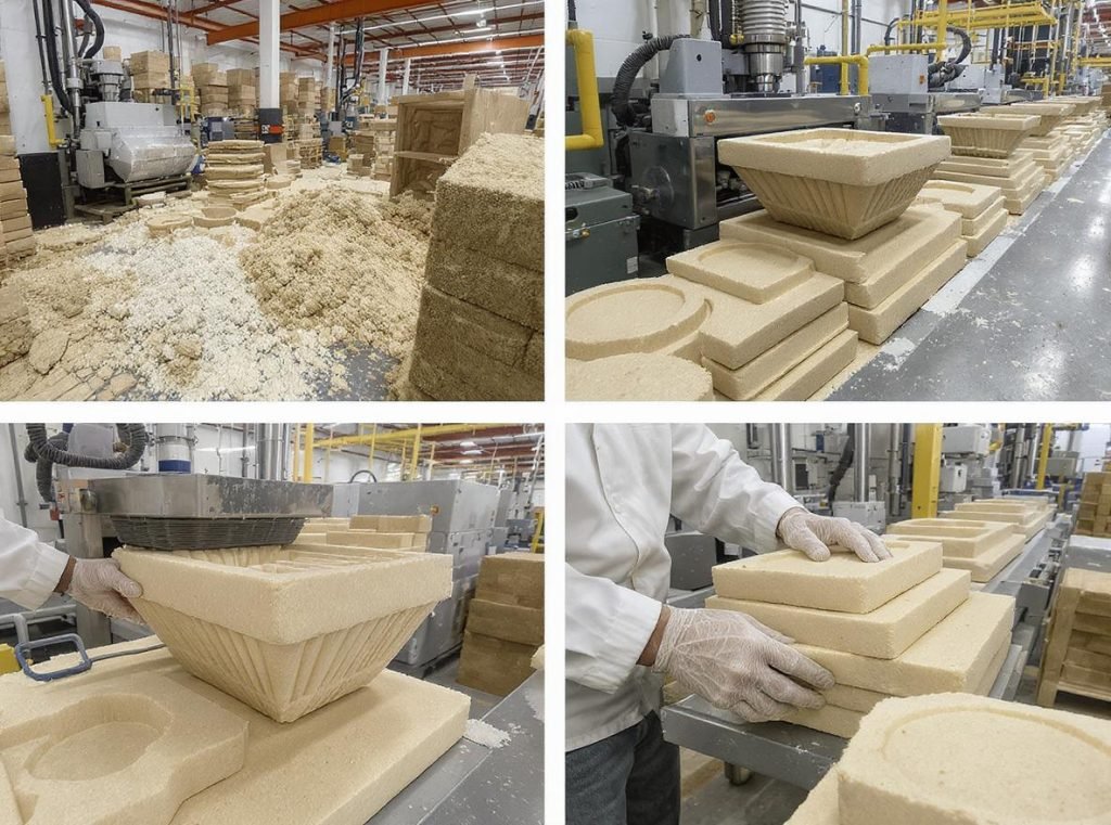 Molded pulp manufacturing process showing recycled materials being formed into packaging products