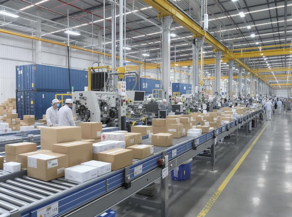 Modern Chinese packaging factory with advanced manufacturing equipment and global shipping capabilities