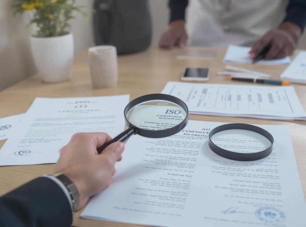 Business professional reviewing Chinese packaging factory certifications and quality standards
