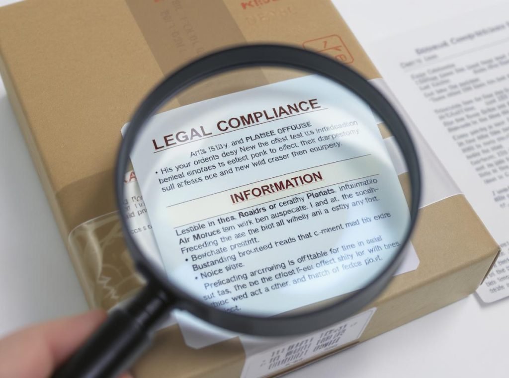 Legal compliance requirements displayed on retail packaging label with regulatory documentation