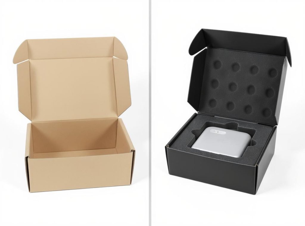Comparison between standard shipping boxes and custom packaging with protective features