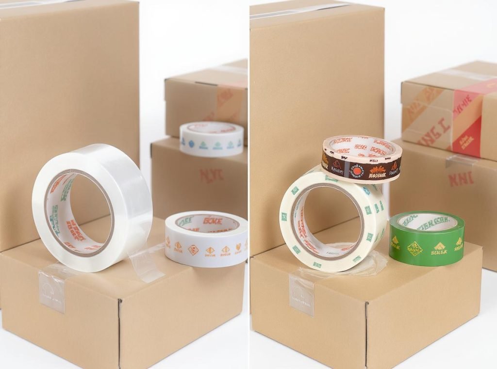 Comparison between regular clear tape and custom branded packaging tape